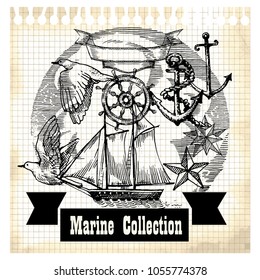 Sea illustration retro style. Old gravure style. Ink and pen artwork.