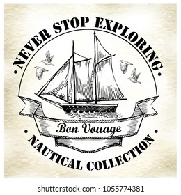Sea illustration retro style. Old gravure style. Ink and pen artwork.