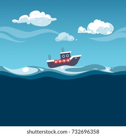 Sea illustration. Steam boat on the waves. Vector ship travel in ocean