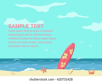 Sea illustration with surfing board on a beach and hand drawn calligraphic quote "Hello, Summer".
