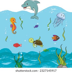 
sea ​​animals illustration. vector sea and vector animals. animals under the sea. dolphin, fish, seaweed, seahorse