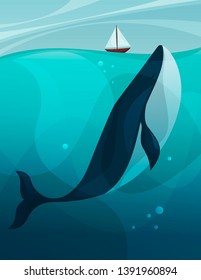 Sea illustration. Whale and little boat. Ship. Vector cartoon image.