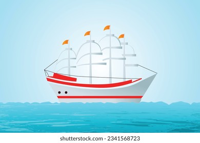Sea illustration. White and red sail boat on small waves ocean vector