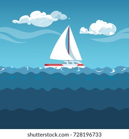 Sea illustration. White sail boat on small waves ocean vector