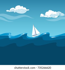 Sea illustration. White sailboat on big waves. Boat in ocean vector