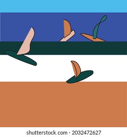 Sea illustration.Color  sail boat on small waves abstract  ocean vector.