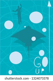 Sea infographics, water stingray shark, diver, bubbles go up, success business strategy