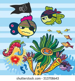 sea inhabitants, cartoon like style vector illustration