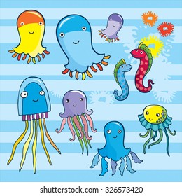 sea inhabitants cartoon style illustration