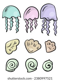 Sea inhabitants in doodle style, a set of jellyfish and shells in delicate colors vector illustration