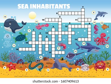 Sea inhabitants funny crossword composition with profile view of ocean floor with fishes and sea weed vector illustration