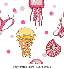 Sea inhabitants funny pattern with isolated cartoon images of msrine animals and fishes on blank background vector illustration