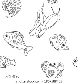 Sea inhabitants funny pattern with isolated cartoon images of msrine animals and fishes on blank background vector illustration
