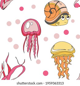 Sea inhabitants funny pattern with isolated cartoon images of msrine animals and fishes on blank background vector illustration