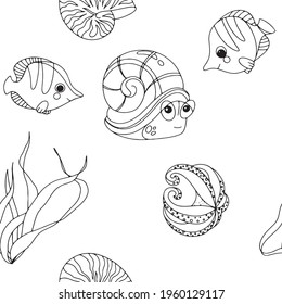 Patrón gracioso de los habitantes del mar con imágenes aisladas de dibujos animados de animales marinos y peces en ilustración vectorial de fondo en blanco