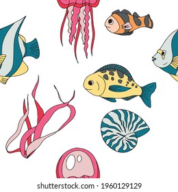 Sea inhabitants funny pattern with isolated cartoon images of msrine animals and fishes on blank background vector illustration