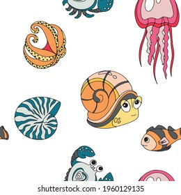 Sea inhabitants funny pattern with isolated cartoon images of msrine animals and fishes on blank background vector illustration