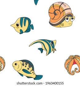 Patrón gracioso de los habitantes del mar con imágenes aisladas de dibujos animados de animales marinos y peces en ilustración vectorial de fondo en blanco