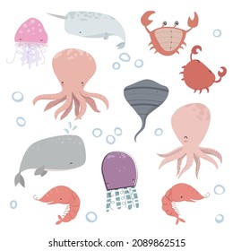 Sea inhabitants funny set with isolated cartoon images of msrine animals and fishes on white background, vector illustration. All elements isolated.
