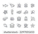 Sea inhabitants icons. Black and white set with fish, shark, squid, octopus, whale, jellyfish and turtle. Line art stickers with seafood. Linear flat vector collection isolated on white background