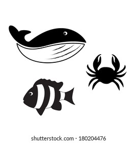 sea inhabitants, marine life, fish, whale, crab illustrated vector suitable for bathroom mat or a towel pattern