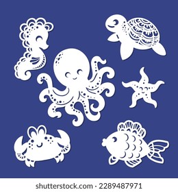 Sea inhabitants, octopus, fish, krvb, seahorse, starfish. A set of templates for laser cutting of paper, cardboard, wood, metal. For the design of cards, stickers, Christmas decorations, interior deco