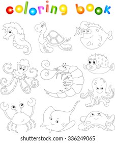 Sea inhabitants: octopus, pufferfish, starfish, sea-horse, crab, stingray, shrimp and turtle. Coloring book for kids. Vector illustration about underwater world