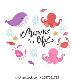 Sea inhabitants. Octopus, starfish, whale, fish, crabs and algae. Lettering marine life. White background