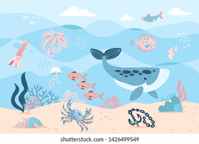 Sea inhabitants. Octopus, whale, fish, crab and algae. Marine life on sea bottom with ankor on sand. Hand drawn flat cartoon background. Underwather world. Vector illustration of Undersea Landscape.