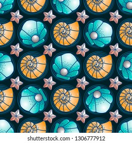 Sea inhabitants sea scallop, starfish and seashell seamless pattern. Sea print