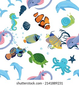 Sea inhabitants seamless pattern, beautiful character among seashells, seaweed, starfish, sea animals wildlife nature.
