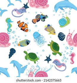 Sea inhabitants seamless pattern, beautiful character among seashells, seaweed, starfish, sea animals wildlife nature.