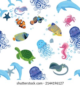 Sea inhabitants seamless pattern, beautiful character among seashells, seaweed, starfish, sea animals wildlife nature.