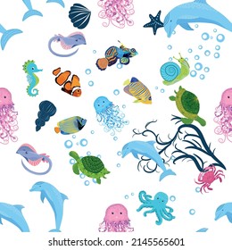 Sea inhabitants seamless pattern, beautiful character among seashells, seaweed, starfish, sea animals wildlife nature.