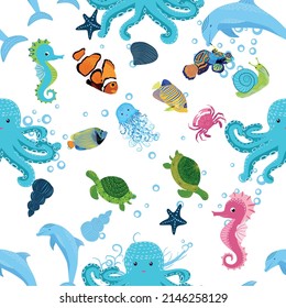 Sea inhabitants seamless pattern, beautiful character among seashells, seaweed, starfish, sea animals wildlife nature.