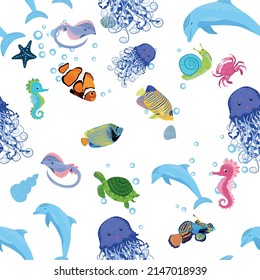 Sea inhabitants seamless pattern, beautiful character among seashells, seaweed, starfish, sea animals wildlife nature.