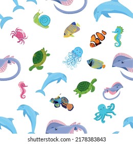 Sea inhabitants seamless pattern, beautiful character among seashells, seaweed, starfish, sea animals wildlife nature.