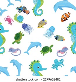 Sea inhabitants seamless pattern, beautiful character among seashells, seaweed, starfish, sea animals wildlife nature.