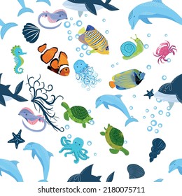 Sea inhabitants seamless pattern, beautiful character among seashells, seaweed, starfish, sea animals wildlife nature.