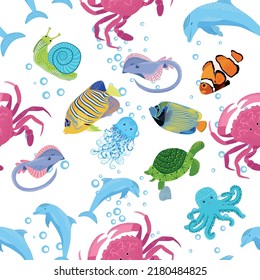 Sea inhabitants seamless pattern, beautiful character among seashells, seaweed, starfish, sea animals wildlife nature.