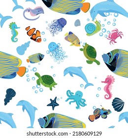 Sea inhabitants seamless pattern, beautiful character among seashells, seaweed, starfish, sea animals wildlife nature.