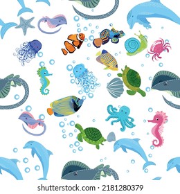 Sea inhabitants seamless pattern, beautiful character among seashells, seaweed, starfish, sea animals wildlife nature.