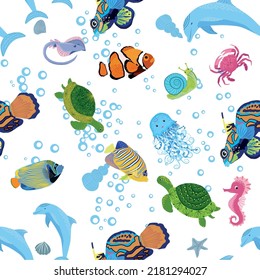 Sea inhabitants seamless pattern, beautiful character among seashells, seaweed, starfish, sea animals wildlife nature.