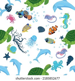 Sea inhabitants seamless pattern, beautiful character among seashells, seaweed, starfish, sea animals wildlife nature.