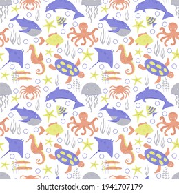 Sea inhabitants. Seamless vector pattern. Sea animals flat style on a white background. Background for summer and nautical design, fabric, wallpaper, packaging.