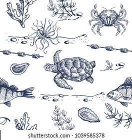 Sea inhabitants sketch. Seamless pattern. Sea turtle, fish, crabs, seaweed.