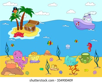 Sea inhabitants and steamship. Octopus, jellyfish, starfish, sea-horse, reefs and corals in the ocean. Island with palms, parrot and treasure chest. Vector illustration about underwater world