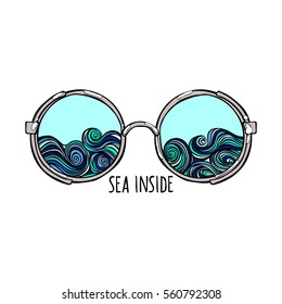 Sea Inside. Sunglasses. Waves. Isolated vector objects on white background.