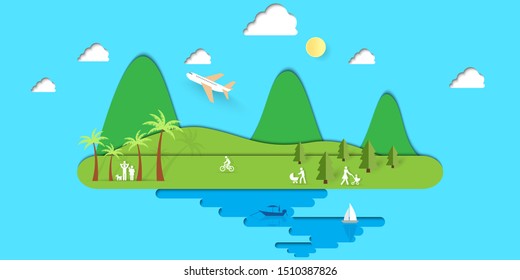  Sea island background.Summer travel landscape.paper art design.Vector illustration.Eps10