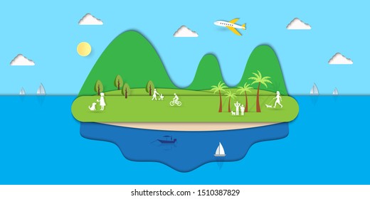  Sea island background.Summer travel landscape.paper art design.Vector illustration.Eps10